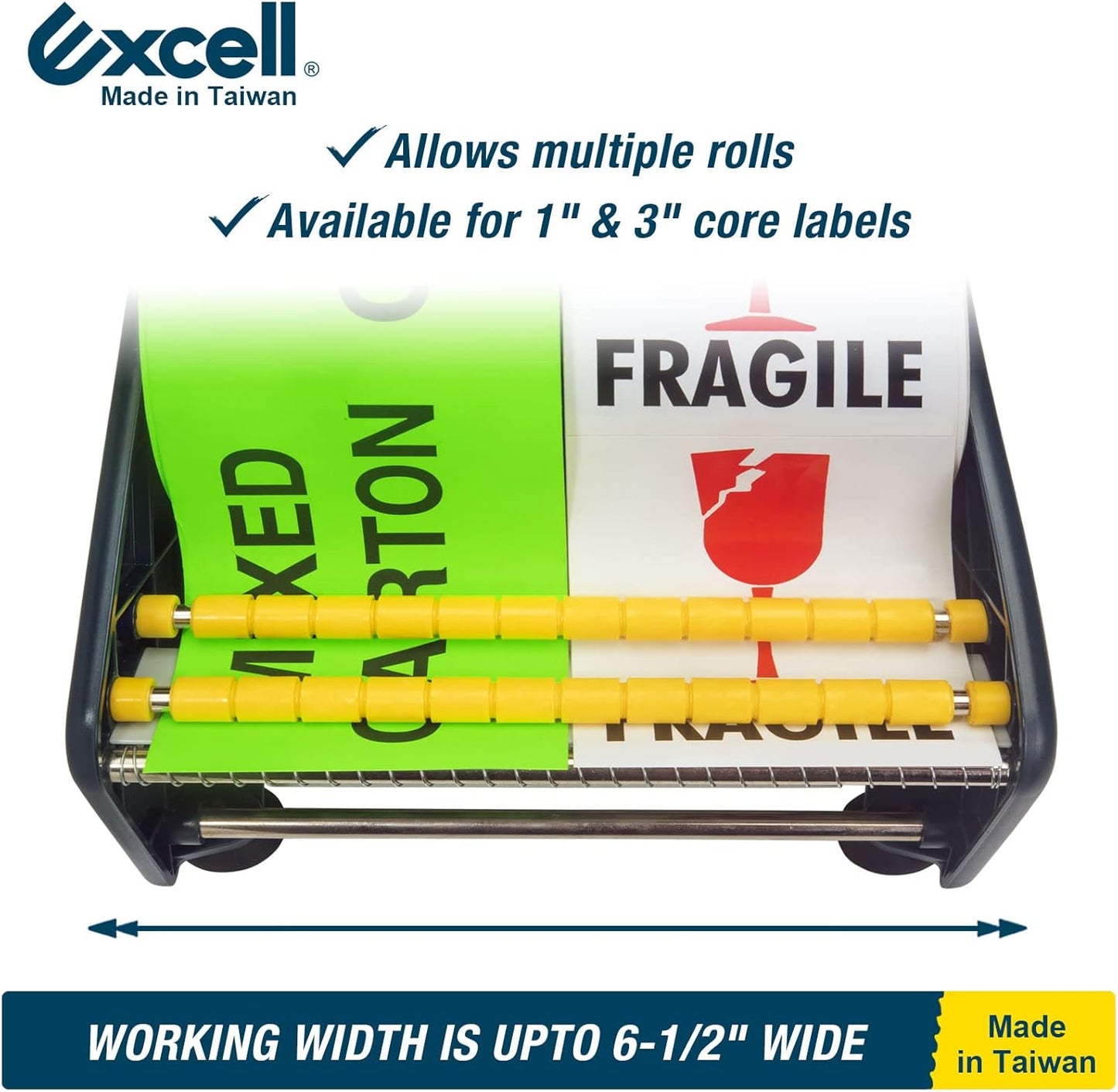 Excell LD-619 Economy Lightweight Table Label Dispenser (6.5 Inch Wide) Adjustable Sticker Roll Holder Dispenser for Home, Office, Retailer Stores and Warehouses Shipping Supplies (6.5 Inch)