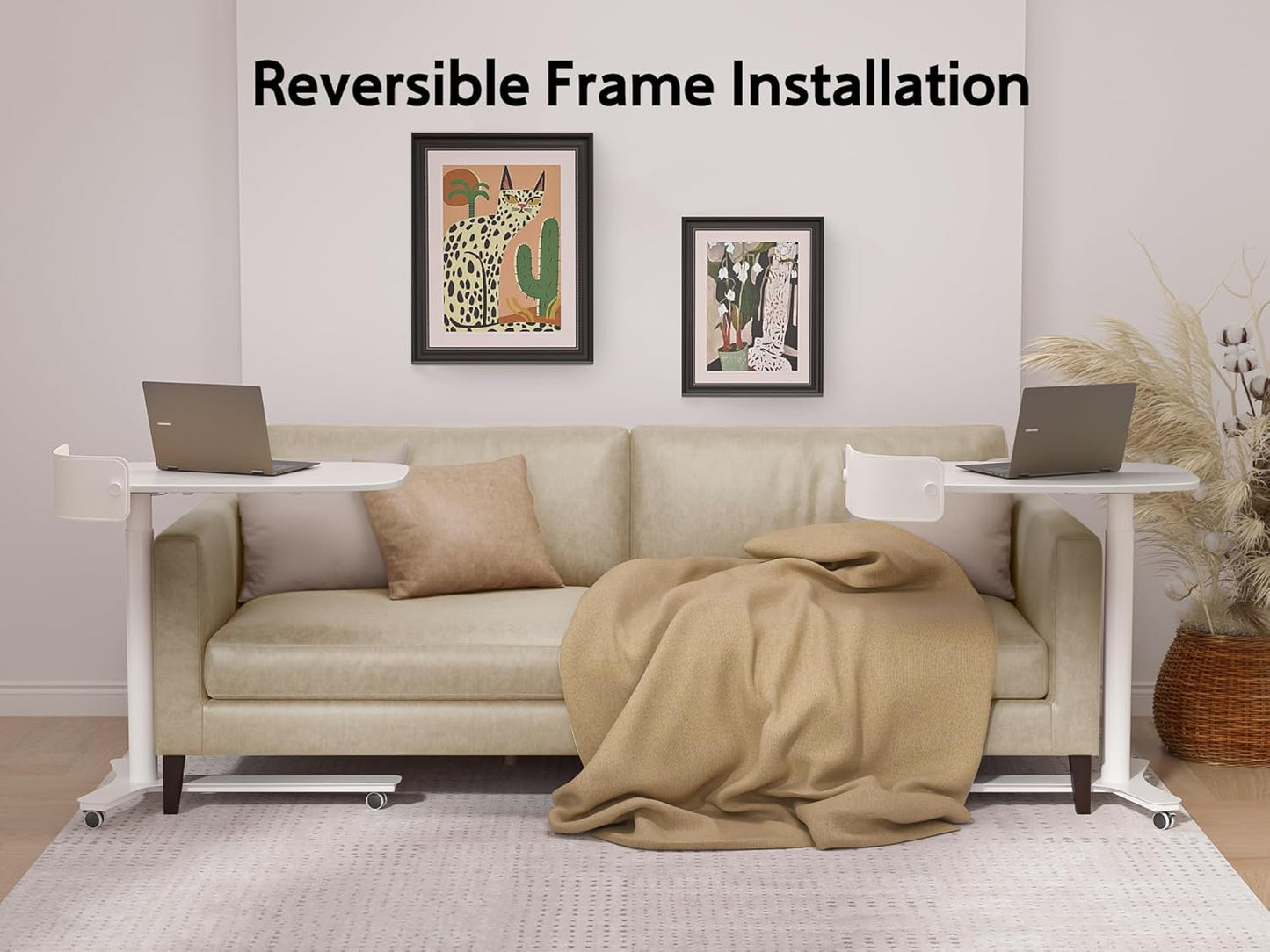 Rolling Desk Adjustable Height with Drawer and Wheels, Portable Small Standing Desk Pneumatic for Home Office, Mobile Computer Laptop Cart, Medical Sofa Overbed Table, White