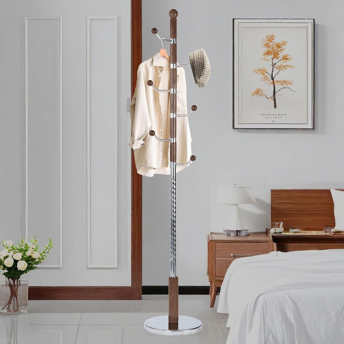 Coat Rack Freestanding, Metal Wooden Coat Tree with 6 Hooks, Heavy Duty Coat Hanger Stand with Resin and Stainless Steel Base, Free Standing Hall Tree for Scarf, Bag, Jacket (Walnut metal)