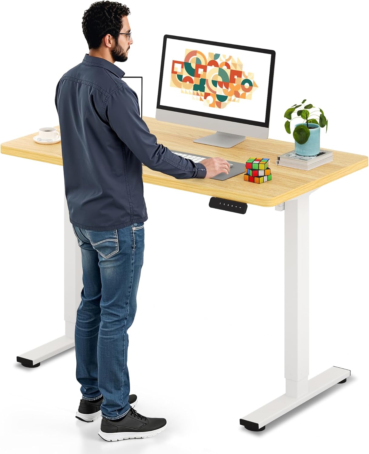 SANODESK Electric Standing Desk 48 x 24 Inches Whole-Piece Desktop Height Adjustable Stand Up Desk w/6-Button Controller Ergonomic Computer Desk for Home Office, White Frame + Natural Tabletop