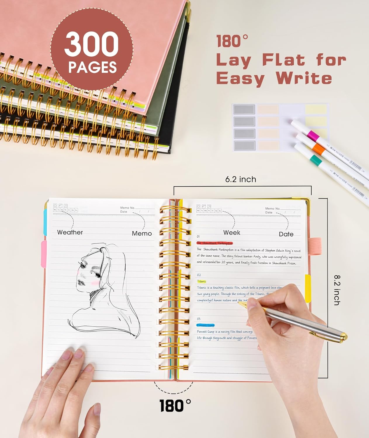 Hardcover Spiral Notebook journal with Removable Dividers Tabs, 300 Pages Leather 5 Subject Notebook College Ruled, 100GMS A5 Notebooks for Work School Note taking,Lined Journal for Women,A5-Green