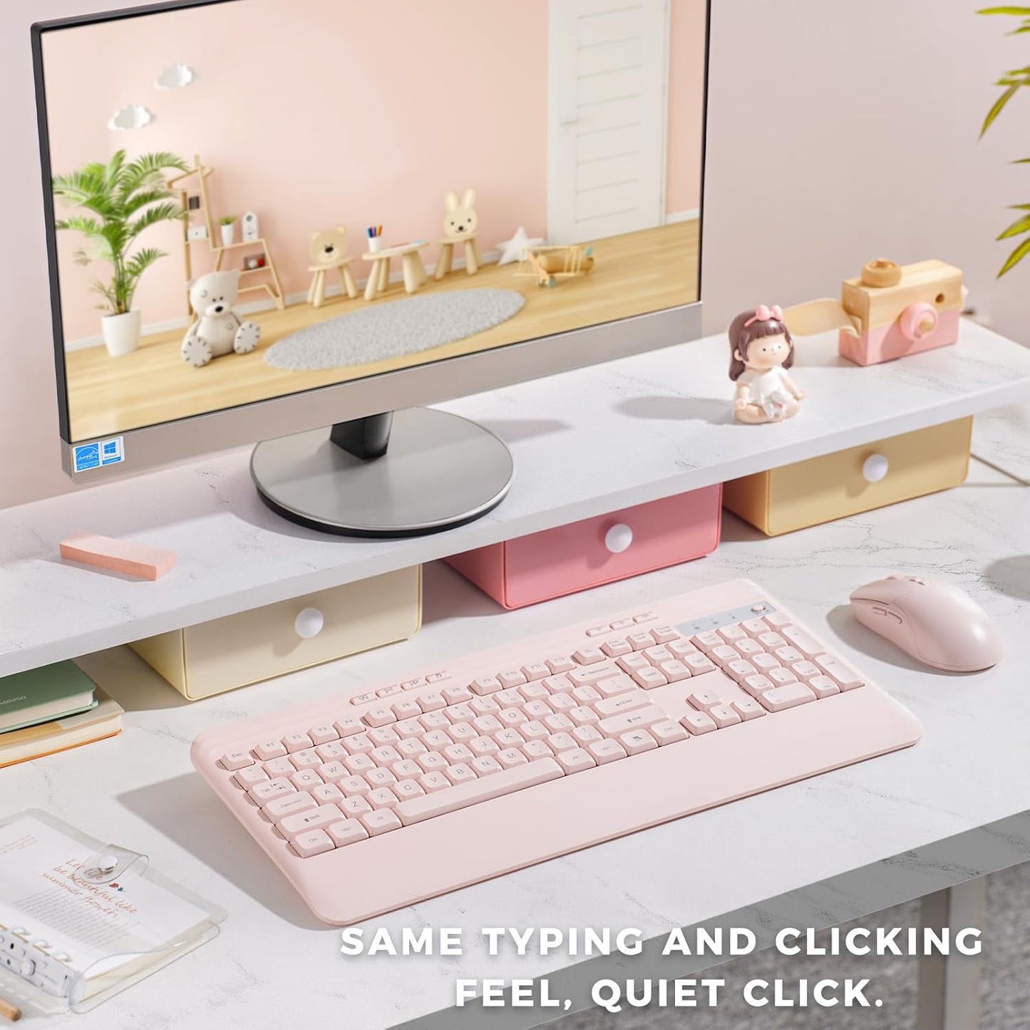 Silent Wireless Keyboard and Mouse Combo - Keyboard with Large Print Cover, 2.4GHz Full-Sized Ergonomic Keyboard with Wrist Rest and Mouse for Laptop, PC, Notebook, Desktop