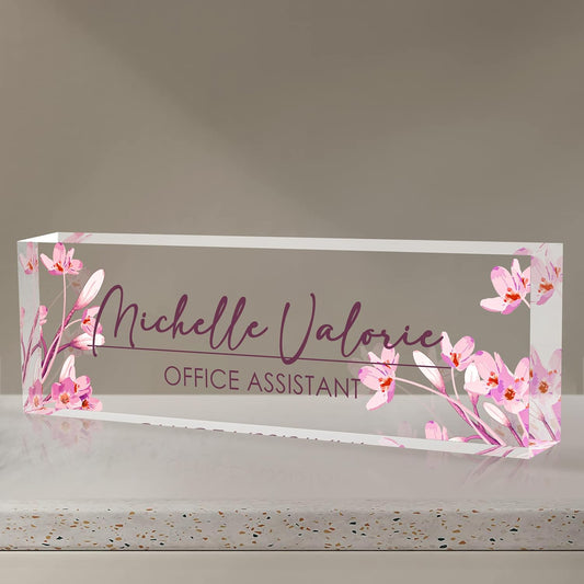 Personalized Name Plate for Desk, Custom Desk Name Plate, Acrylic Name Plate Office Desk Accessories, Personalized Office Gifts for Coworkers Teachers, Employee Appreciation Gifts (A-Pink Flower)