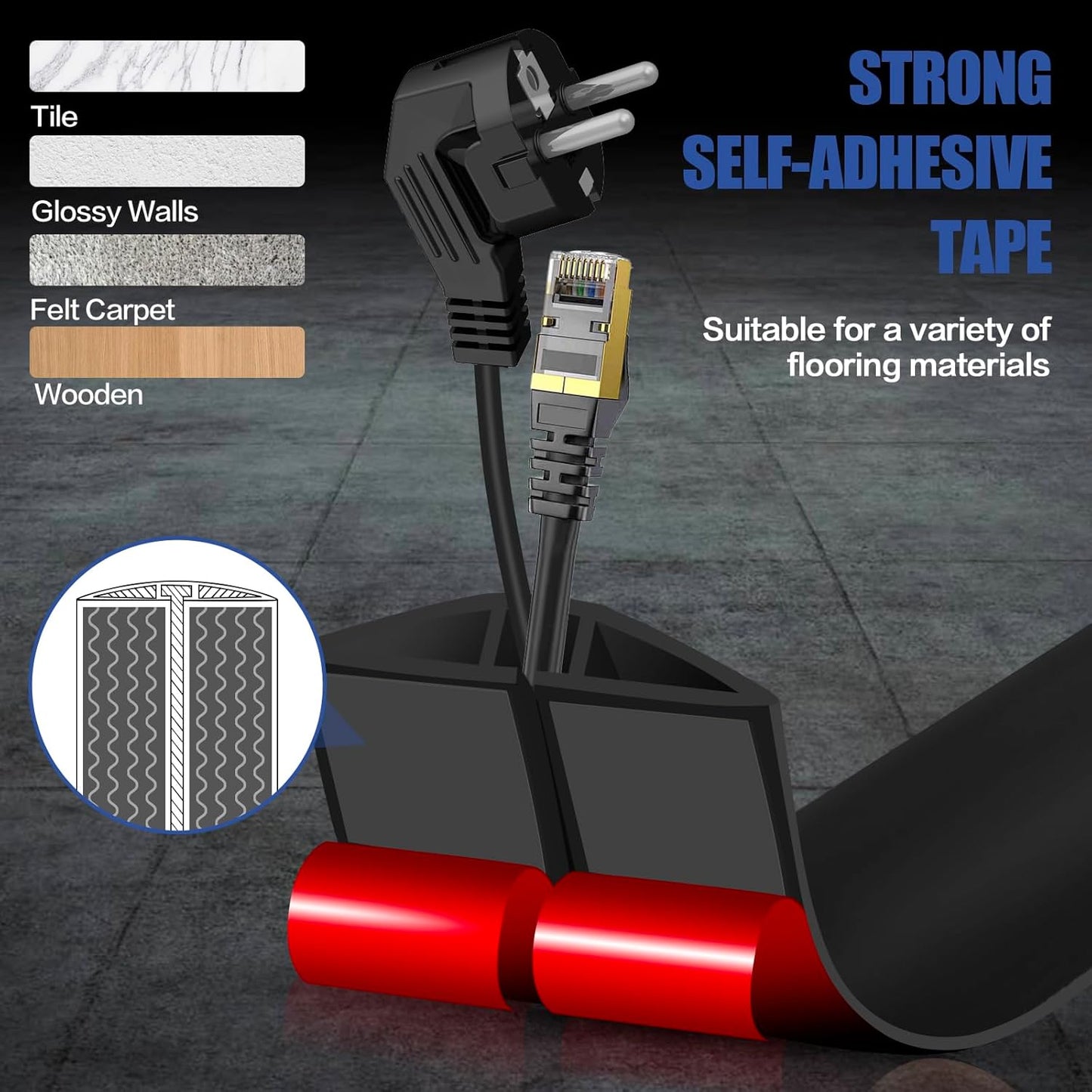 Floor Cord Cover Self Adhesive Cord Hider,10FT Cable Management, Extension Strip Protector for Wires, Prevent Cable Trips for Offices, Gyms, Exhibitions Cavity:0.3"(W) x 0.28"(H) Black