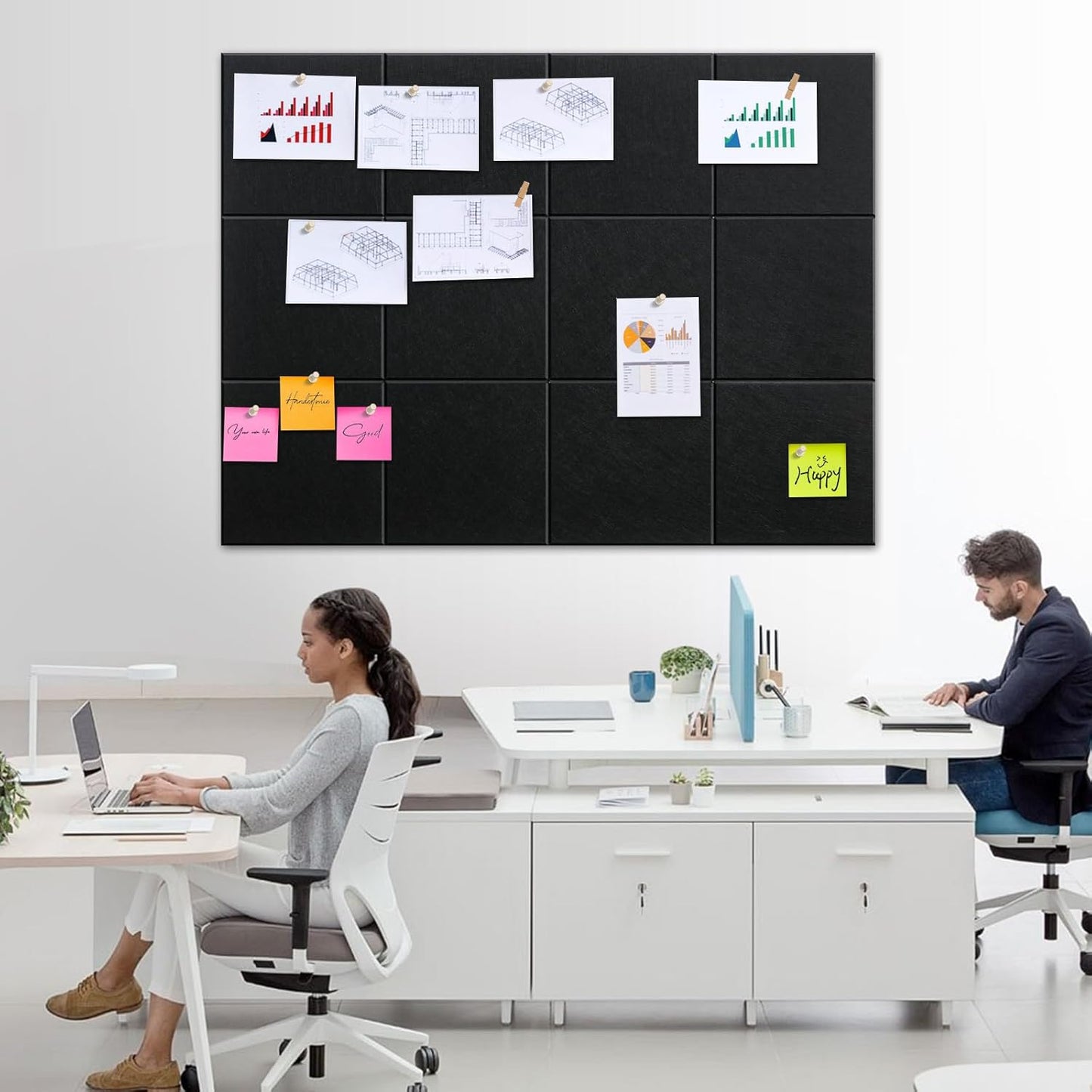 Black Cork Board 48" x 36" - 12 Pack Felt Wall Tiles with Safe Removable Adhesive Tabs - Large Cork Board for Office Classroom Home Walls Decor - Black