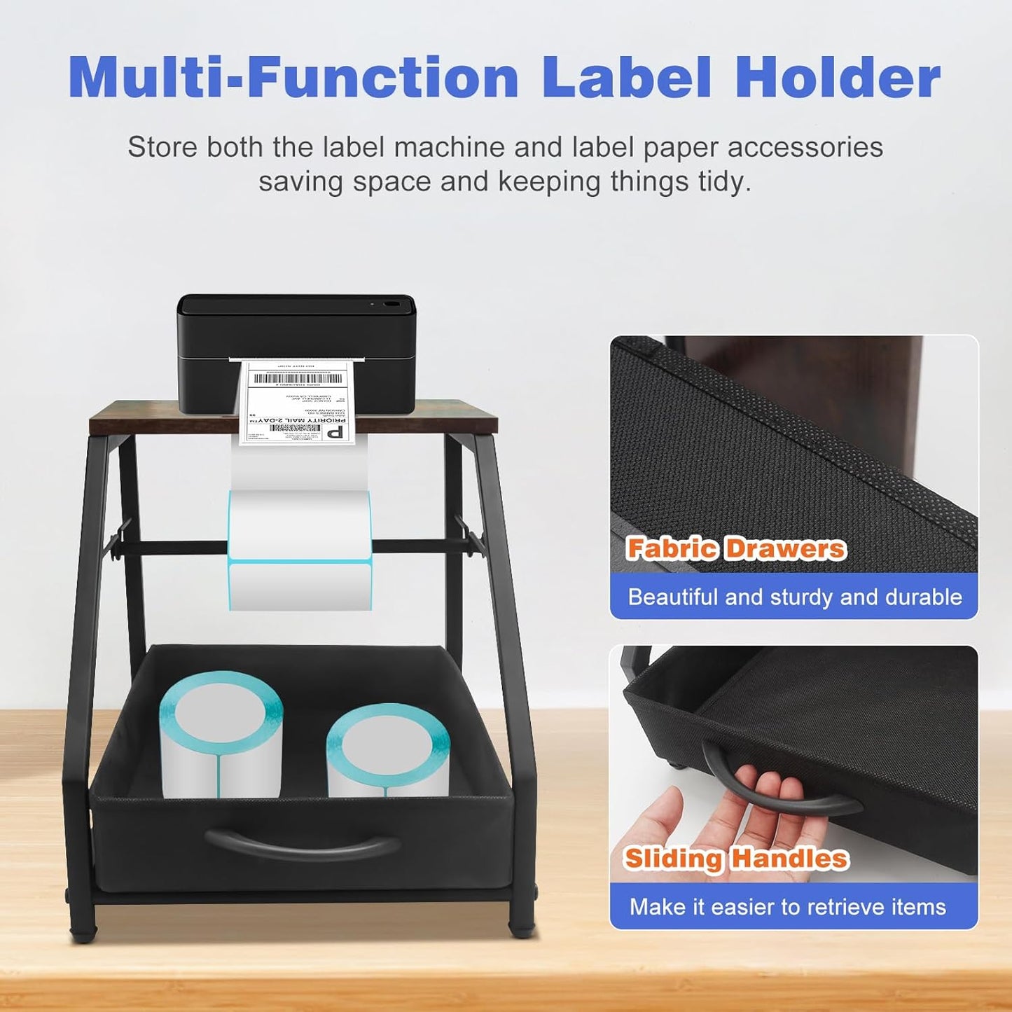 Thermal Printer Stand with Drawer, Desktop Label Holder for Rolls and Fan-Fold Labels, Organizer for 4x6 Shipping Label Printer - Home Office & Small Business Essentials