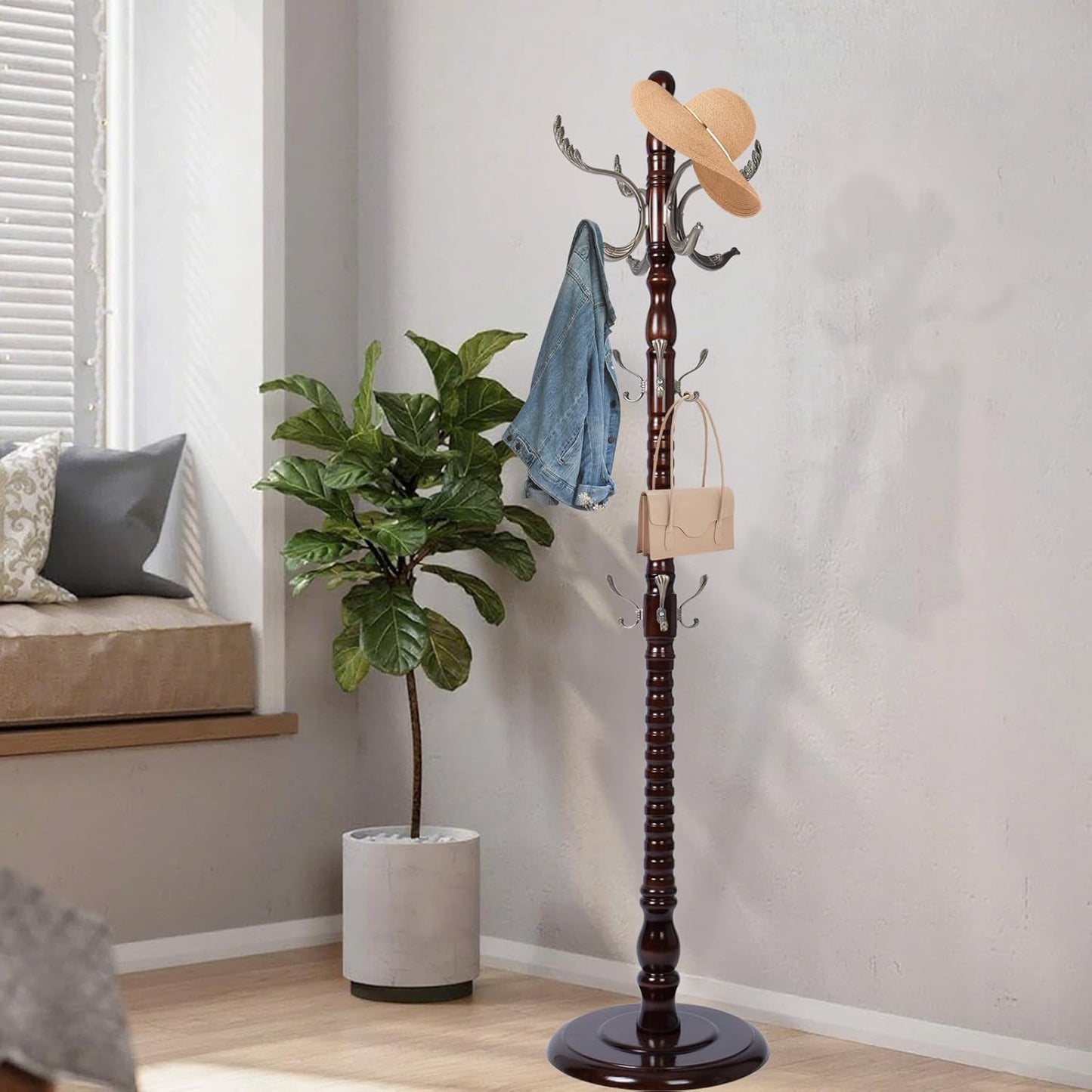 Wooden Coat Rack Freestanding with Resin Hooks, Adjustable Heavy Duty Stand for Hanging Coats, Bags, Hats, and Umbrellas in Living Room, Bedroom, Entryway (Rosewood-Metal Hook)