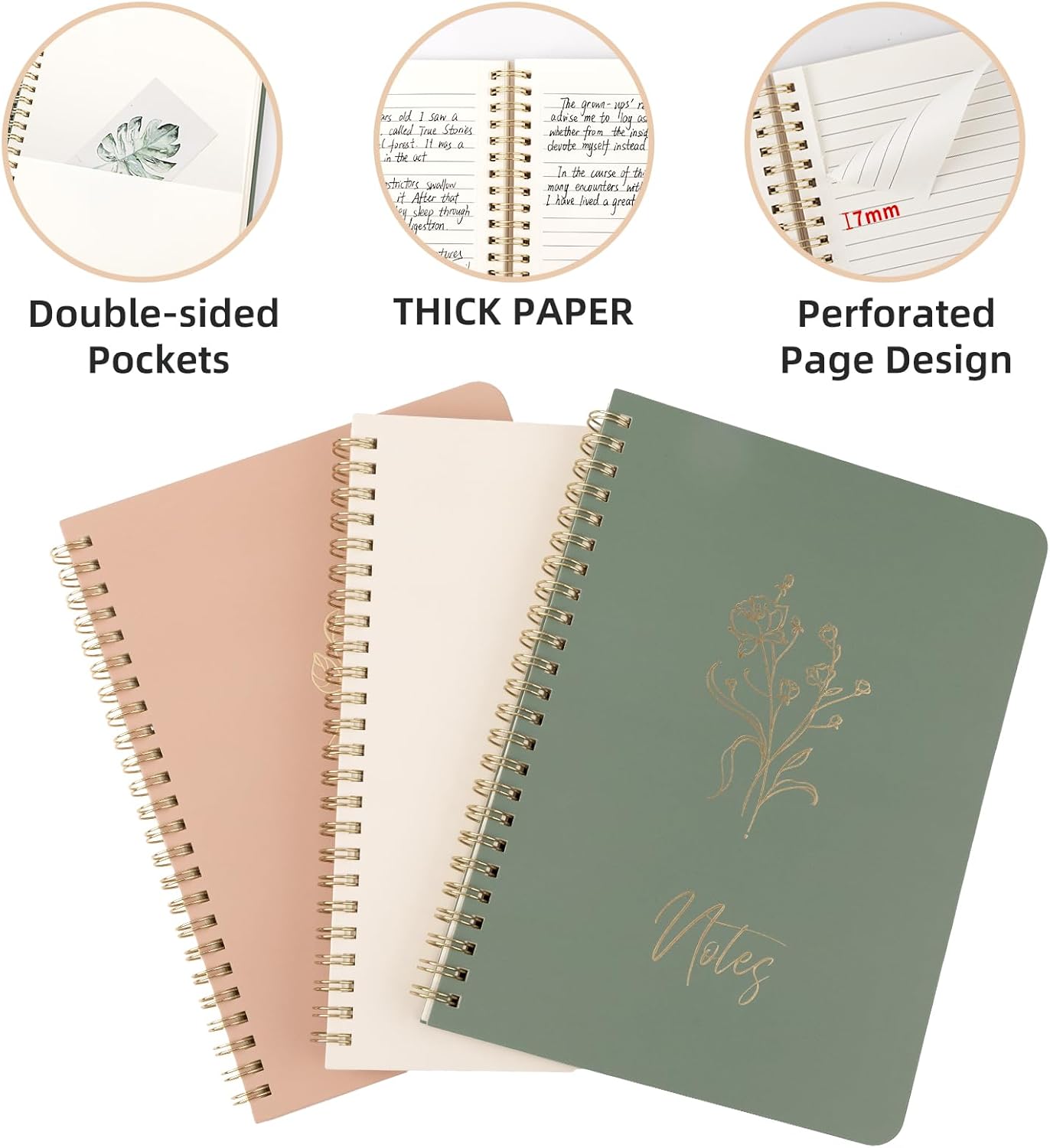 Cute Spiral Notebook Set For Women, Bible Journal Set, 3 Pack A5 Spiral Notebook + 5 PCS Gel Pens + 600 Sticky Notes + Gift Box, Aesthetic Gift Set for Work Students School Office Supplies