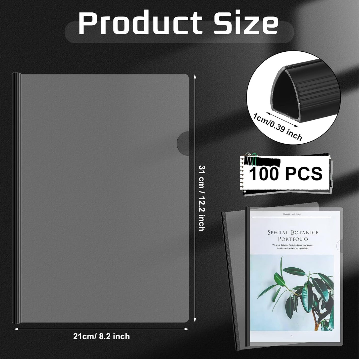 Thenshop 100 Pcs Clear Report Covers with Sliding Bars Sliding Bar File Folder Binder Plastic Report Folder for File Paper Book Resume Letter Office, 30 Sheet Capacity(Black)