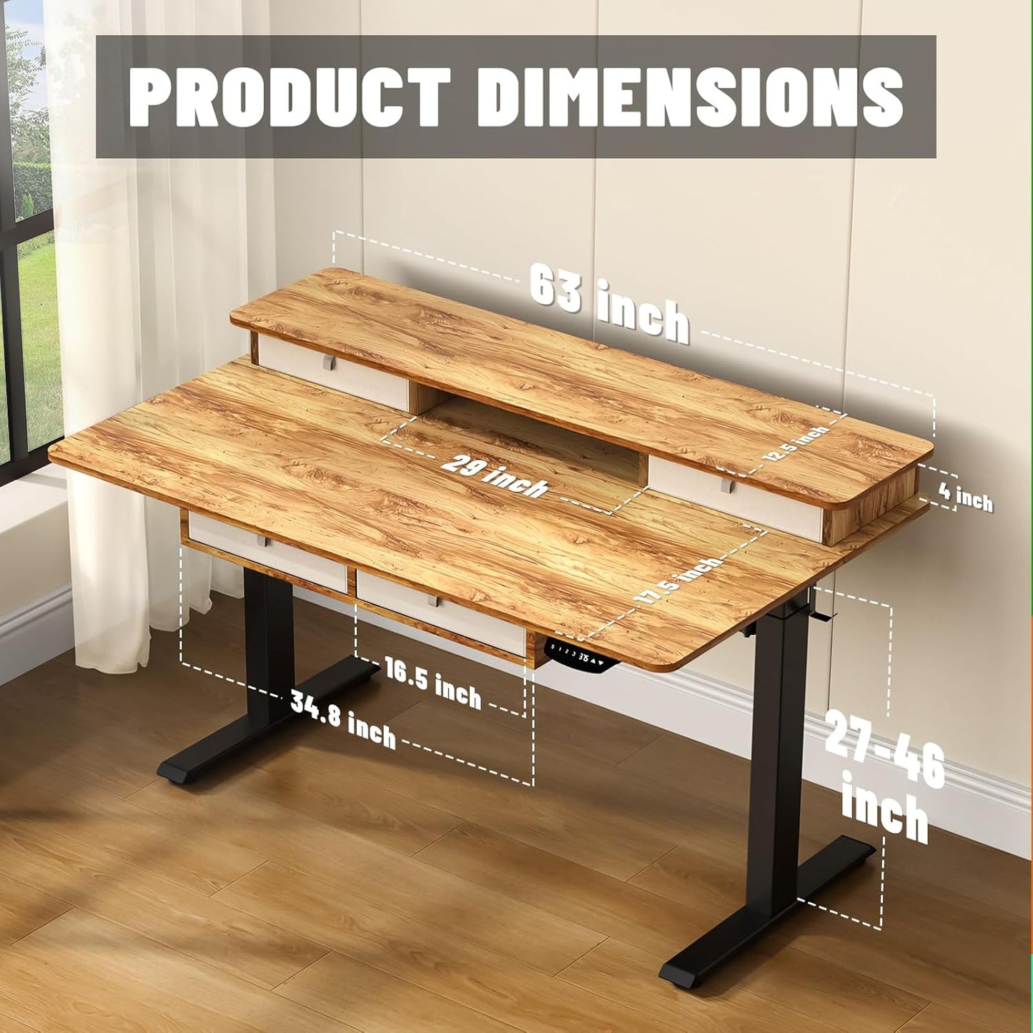 63 * 30 Inches Electric Standing Desk Adjustable Height with 4 Drawers, Double Storage Shelves, Home Office Workstation Sit Stand up Desk (Light Rustic Brown)