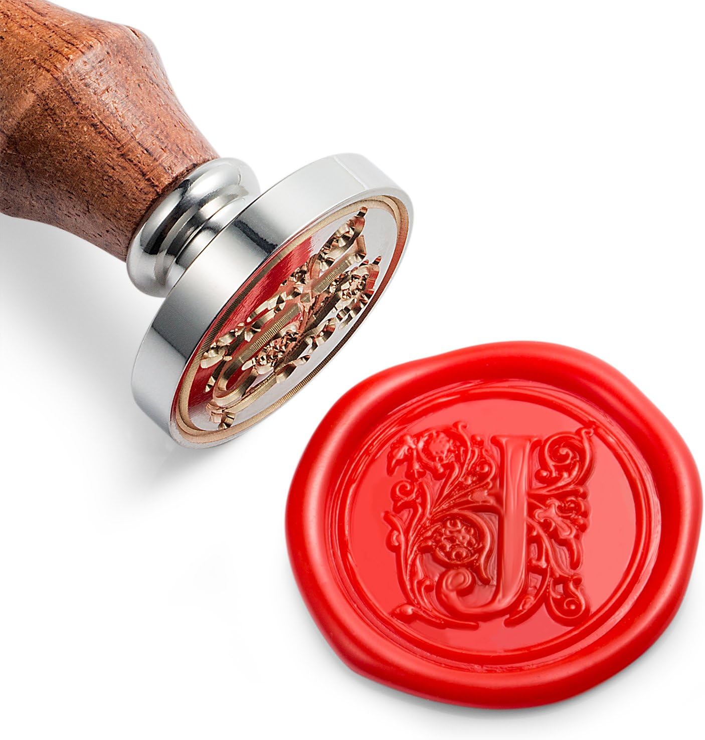 Mceal Wax Seal Stamp, Large Seal 1 1/5"(30mm) Dia, Silver Brass Head with Wooden Handle, Regal Letter A to Z Series (Letter J)