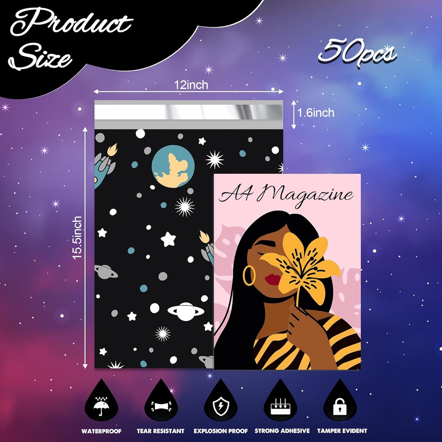 Planets Poly Mailer 12x15.5 Inch 50 Pcs, Waterproof Shipping Bags for Clothing, Tear-Resistant Mailier Bags, Strong Mailing Bags with Self-Seal