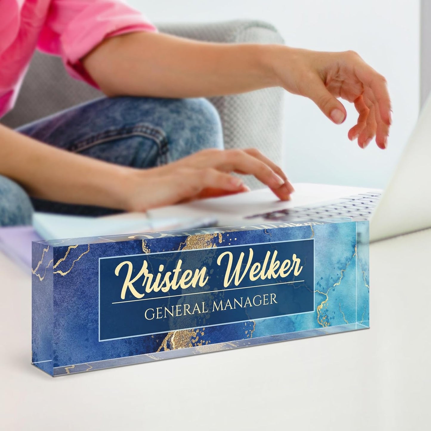 Name Plate for Desk, Desk Name Plate Personalized, Blue Office Decor for Women Men, Acrylic Desktop Accessories, Office Gifts for Boss Nurse Teacher Coworker, Employee Appreciation Gift (Blue Coast)