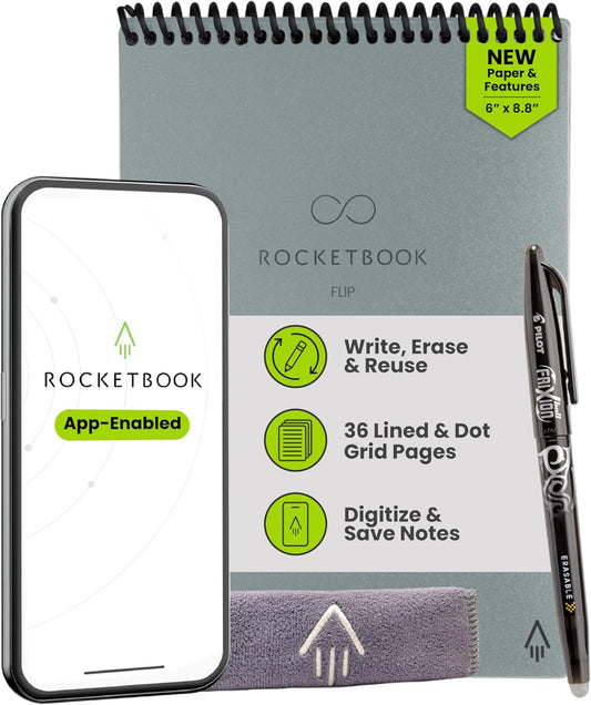 Rocketbook Flip - with 1 Pilot Frixion Pen & 1 Microfiber Cloth Included - Gray Cover, Executive Size (6" x 8.8")