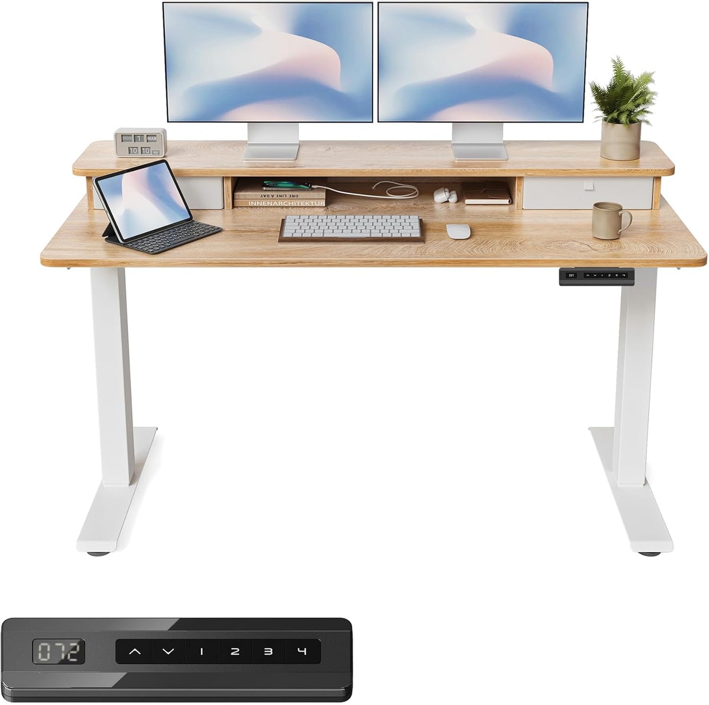FEZIBO 55 x 24 Inch Height Adjustable Electric Standing Desk with Double Drawer, Computer Desk, Home Office Stand Up Table with 4 Height-Adjustable Feets & 2 Hooks, Maple