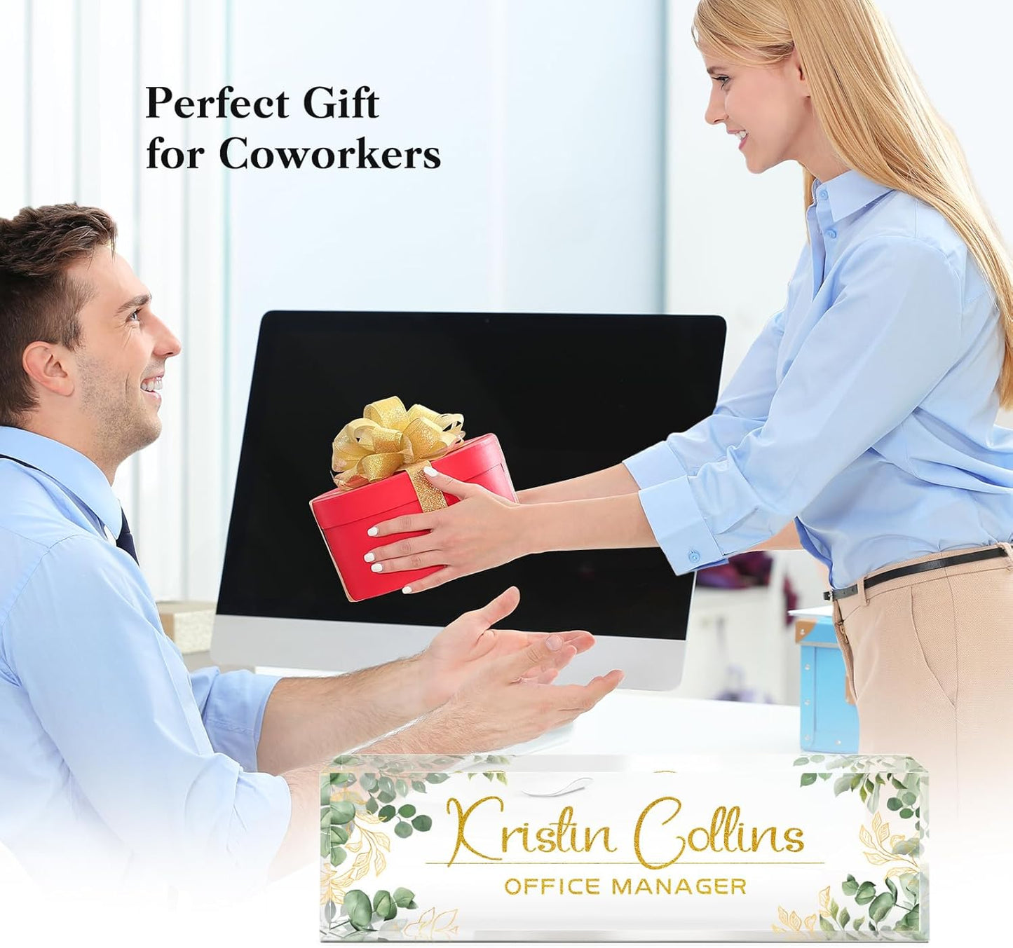 Custom Name Plate for Desk, Acrylic Office Decor For Women Men, Personalized Office Desk Accessories, Teacher Employee Appreciation Gifts For Social Worker Boss Coworkers (Green Leaves)