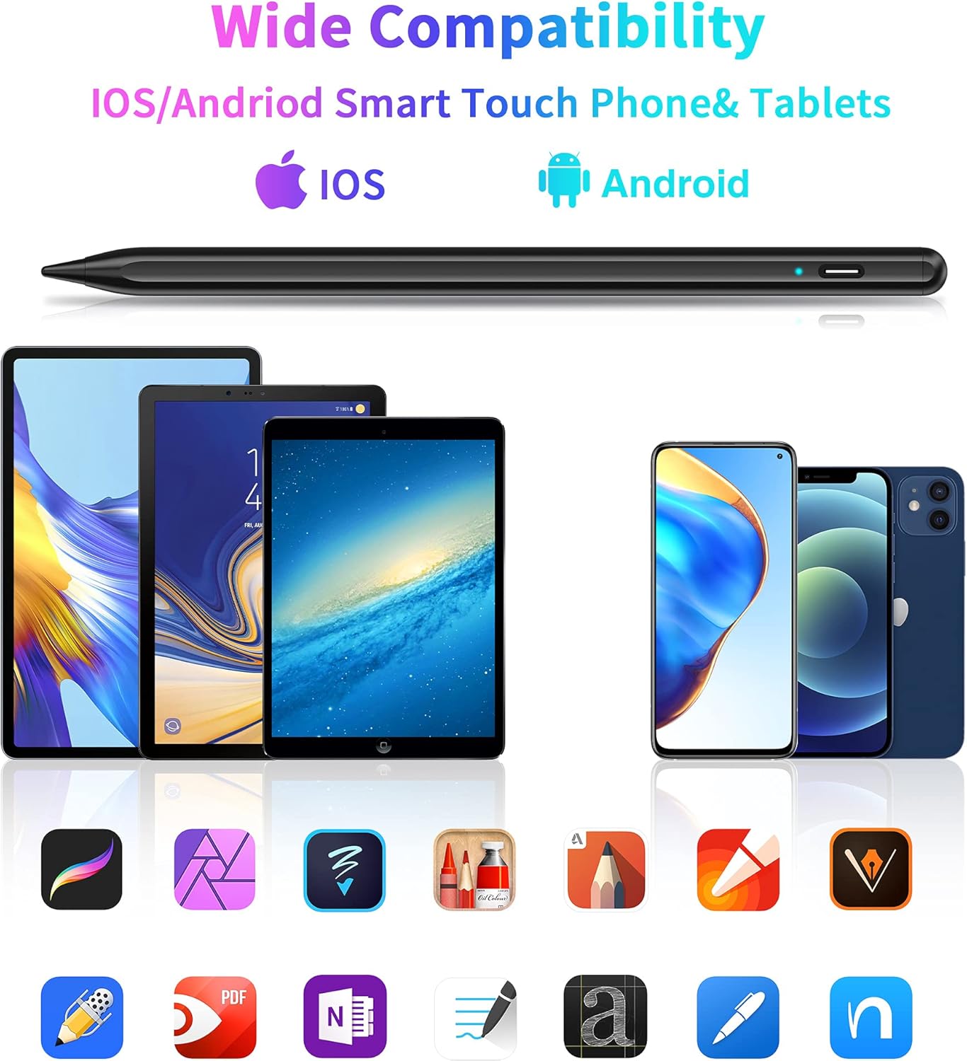 Stylus Pen, Tablet Pen Compatible for Android and iOS Touchscreens, Rechargeable Stylists Pen with Dual Touch Screen, Stylus Pencil for A-pple/Android/Tablet, Black