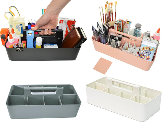 Portable Caddy Organizer - Stackable Plastic Caddy with Handle | Desk, Makeup, Dorm Caddy, Classroom Art Organizers (Made In Usa) (Black/Pink/Gray/Ivory), OGMIX-4PACK