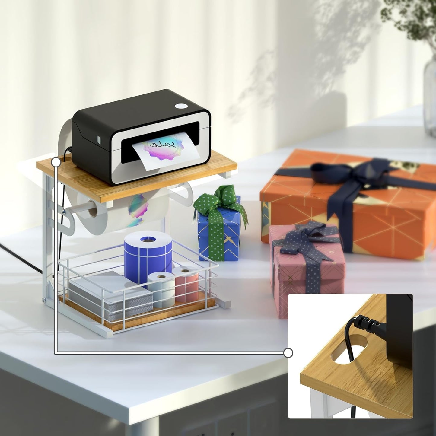 Label Holder for Rolls and Fan-Fold Labels, Wooden Thermal Sticker Roll Holder for Desktop Thermal Label Printer, Solid Shipping Label Holder & Desktop Label Printer Accessory Supplies, White