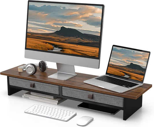 Fenge Monitor Stand with Drawer, 2 Tiers Dual Monitor Riser for Desk, 35 Inch Computer Stand for 2 Monitors, Desk Shelf for Home, Office, Laptop, PC, TV, Printer