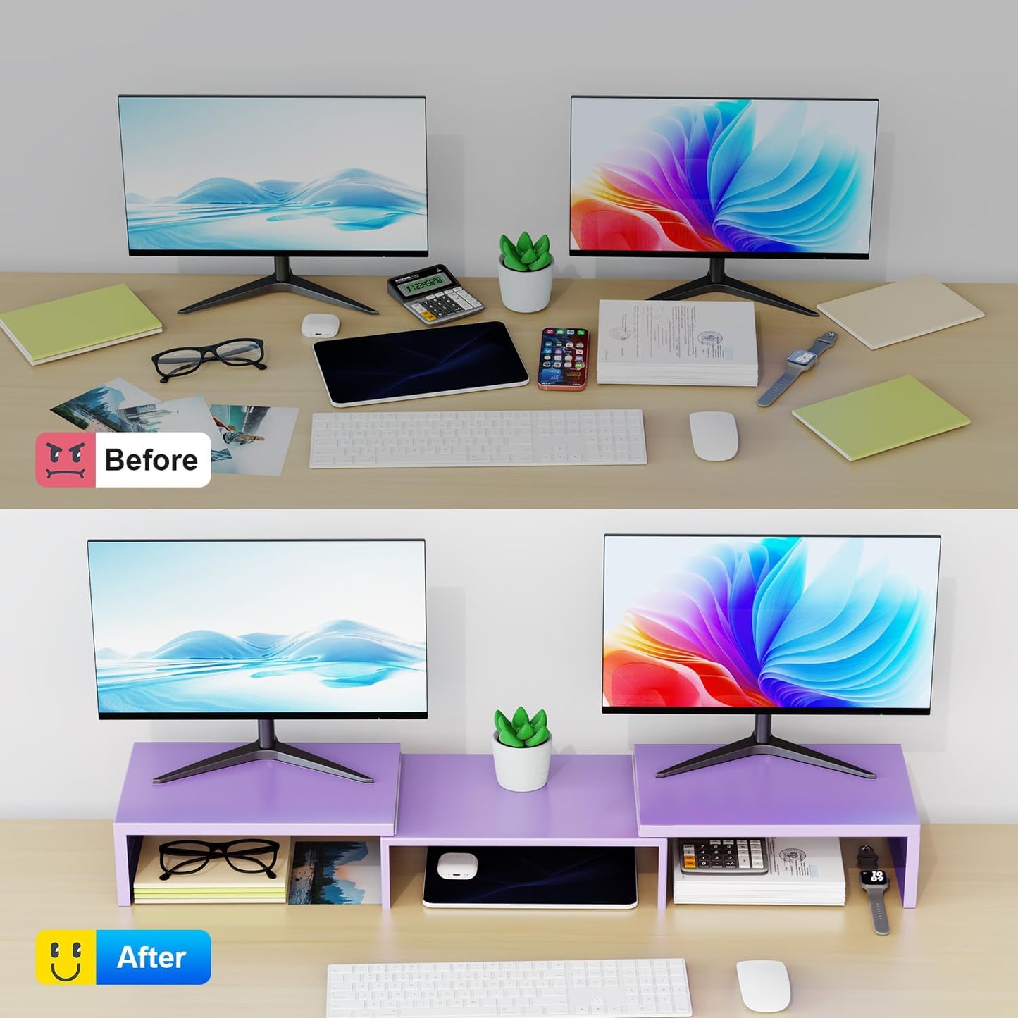 Dual Monitor Stand for Desk, Metal Monitor Riser, Purple Office Supplies Desk Accessories (Purple)