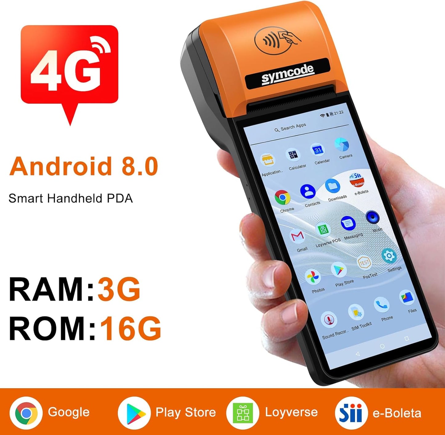 symcode POS PDA Printer Mobile POS Machine Terminal Thermal Receipt Printer 5.99" High Resolution and Clear Touch Screen Handheld PDA Printer Android 8.1 OS Support 4G WiFi Bluetooth with NFC