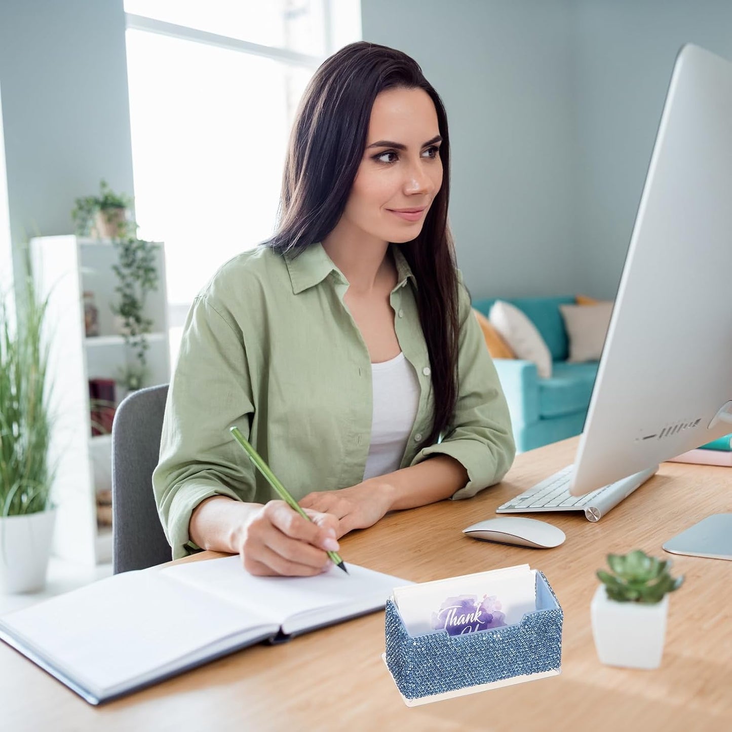 PATIKIL Rhinestone Business Card Holder, Crystal Business Card Holders Bling Business Card Organizer Display Stand for Desktop Desk Office Exhibition, Blue