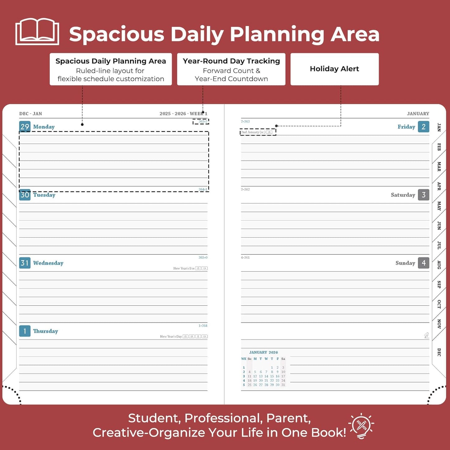 Planner 2026 Daily Weekly and Monthly,8.5"x6.5",12 Months Spiral Bound Calendar Agenda with Self-adhesive Pen Holder,2026 Appointment Book with Vegan Leather Soft Cover,Red