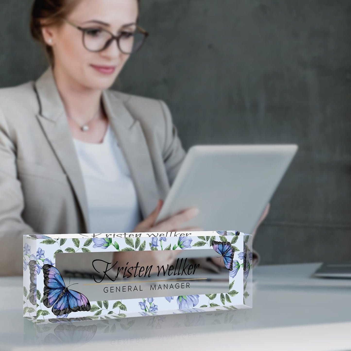 Desk Name Plate Personalized, Premium Purple Blue Butterfly Acrylic Desk Name Plate, Personalized Name Plate for Desk, Office Decor for Women or Men Coworkers, Boss, Employee, Teacher