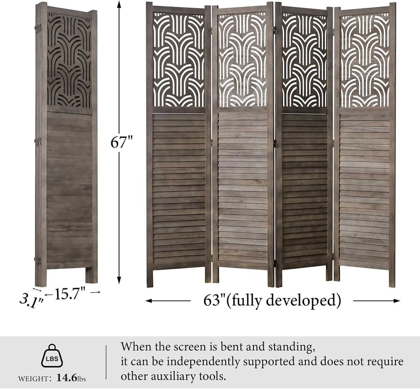 Folding Room Divider, 66.9 Inch 4 Panels Wood Carved Privacy Screens, Free Assembled Freestanding Portable Separation Wall for Home Office Restaurant Bedroom (Gray)