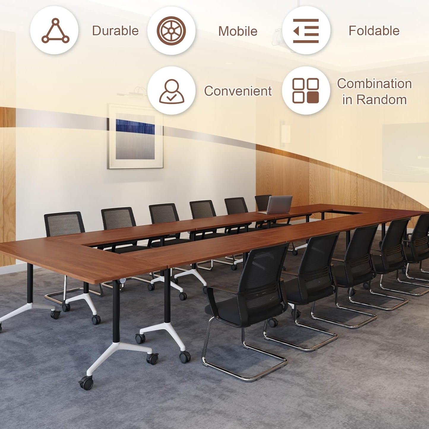 Folding Conference Room Table, Modern Conference Tables with Wheels, Large Rectangular Mobile Training Tables for Office Classroom, Foldable Modular Boardroom Seminar Table (8pack L70.9in)