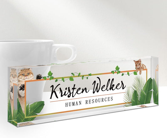 Gowellly Office Desk Name Plate Personalized - Custom Acrylic Name Plates for Desk - Employee Appreciation Gifts - Office Gifts for Teacher,Boss,Nurse,Lawyer,Women Office (Pet-cat-1)