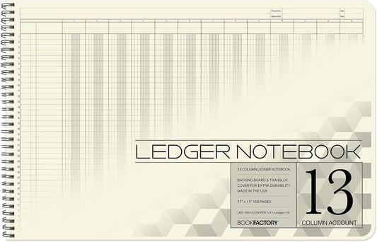 BookFactory Accounting Ledger Notebook/Large 13 Column Accounting Ledger Columnar (Thirteen Columns) Log Book - 17'' x 11'', 100 Pages, Wire-O Landscape Format (LED-100-CLCW-PP(17x11-Ledger-13)-AX)