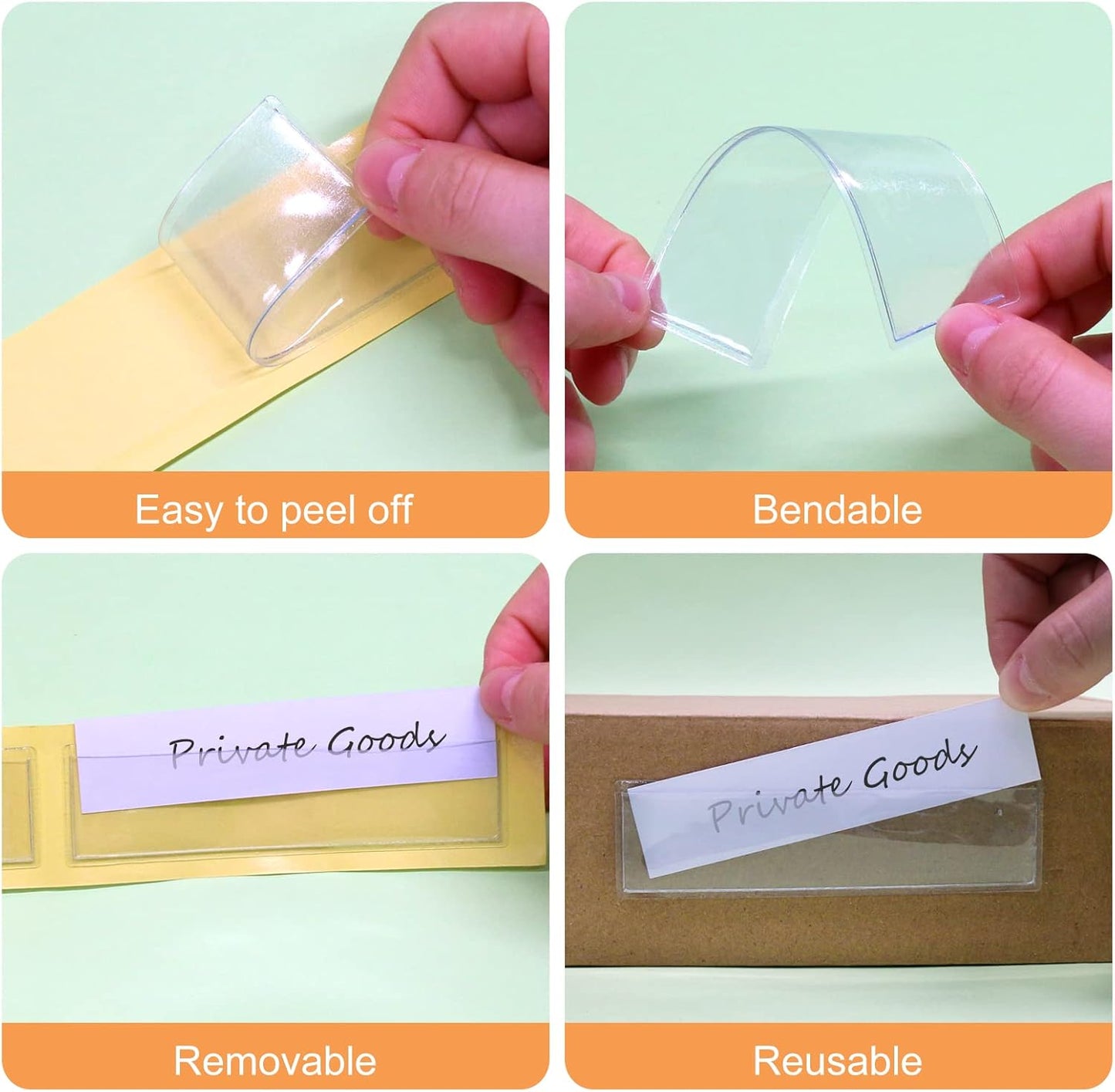 Label Holders Adhesive Shelf Tags - Fushing 50Pcs Clear Plastic Labels for Storage Bins with Name Label Badge Inserts, Removable Adhesive Pockets for Shelf Mailbox Binders Drawers Cabinets Organizer