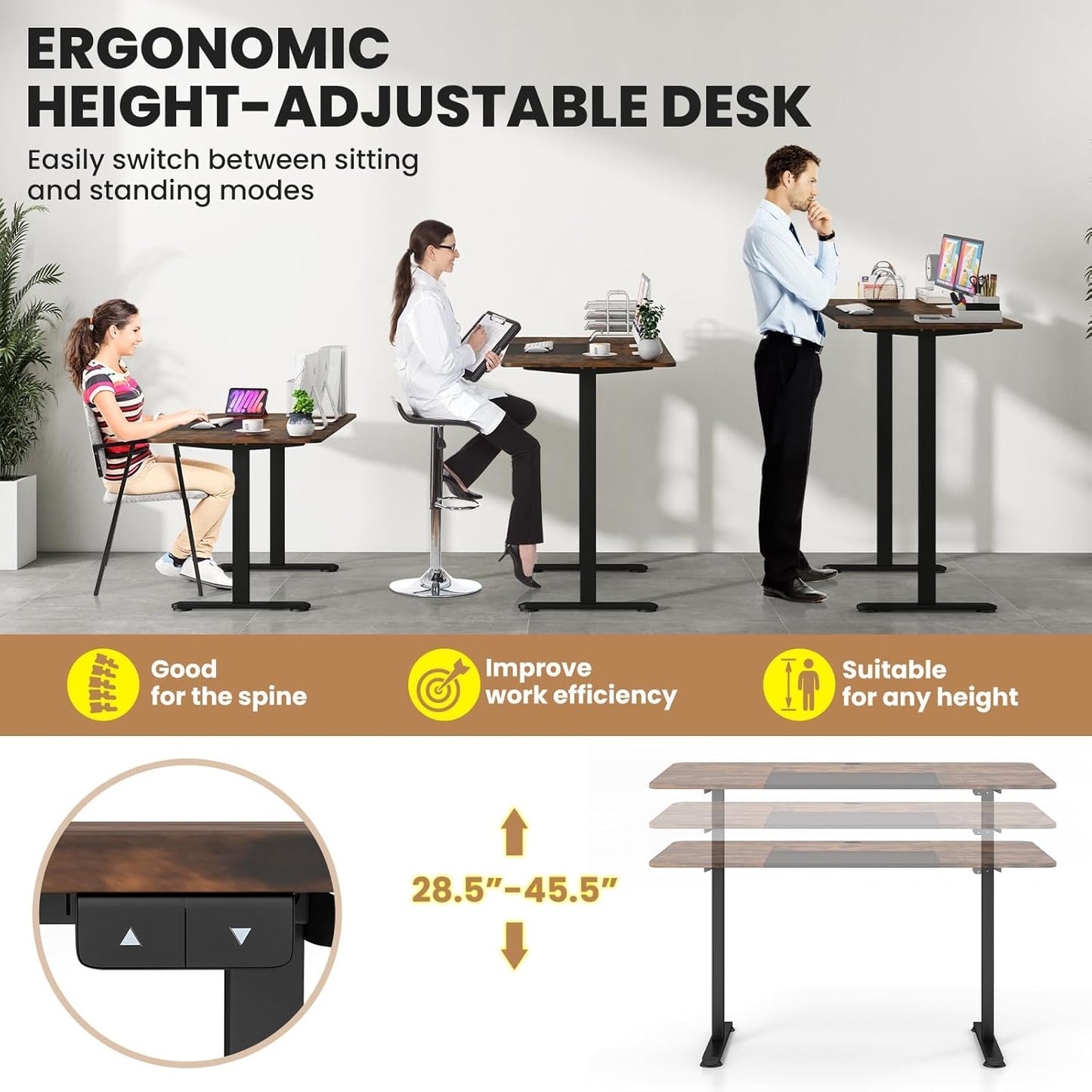 GOFLAME Height Adjustable Electric Standing Desk, 55 x 28 Inch Sit Stand Up Electric Desk with Metal Frame, Ergonomic Standing Workstation for Study, Office, Living Room, Brown
