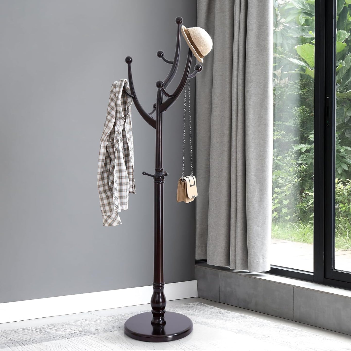Tree Coat Rack Freestanding with Round Base, Unique Coat Hanger Stand, Heavy Duty Standing Coat Rack Clothes Stand for Winter Jacket, Hat, Entryway/Hallway/Bedroom, Red Brown