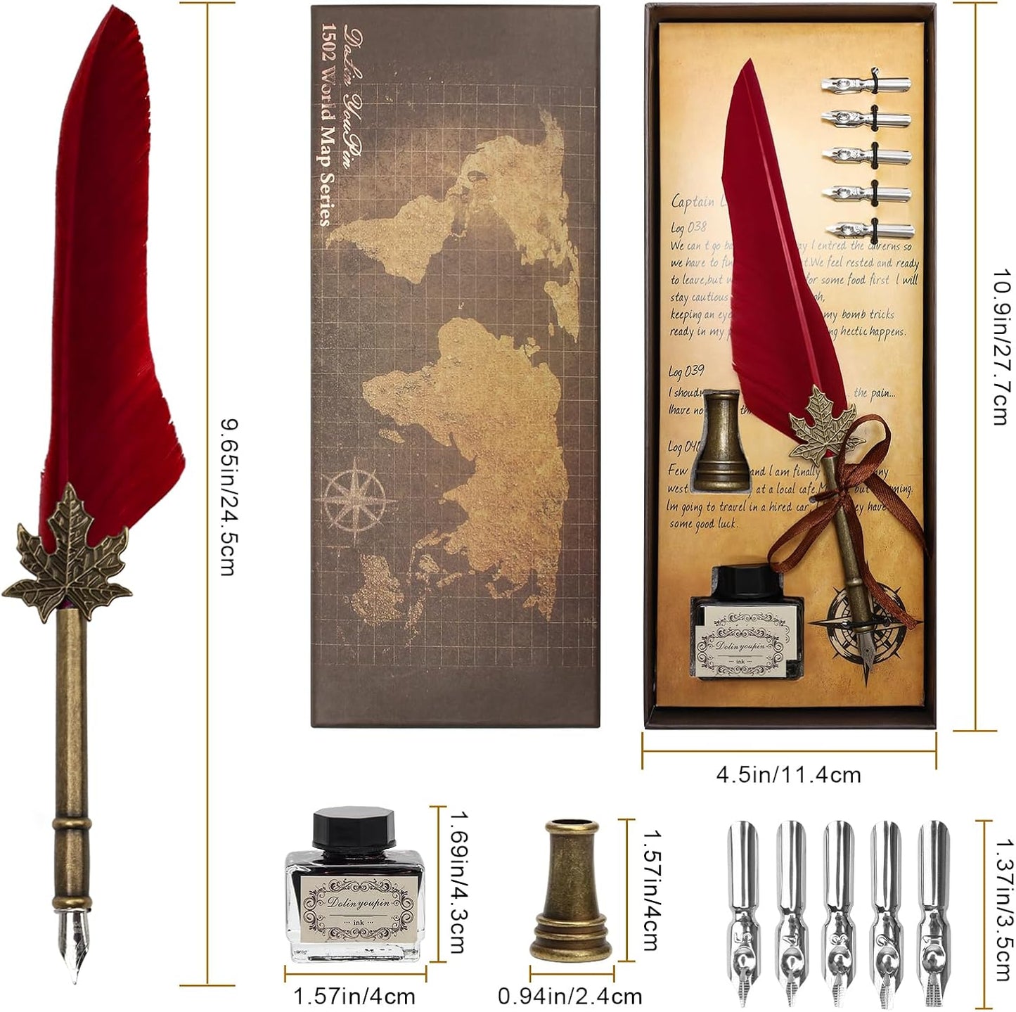 AHIER Quill Pen and Ink Set, Feather Pen Quill Pen Set Includes 5 Steel Replacement Nibs,Pen Nib Base and Dip Ink Bottle for Antique Calligraphy (Red)