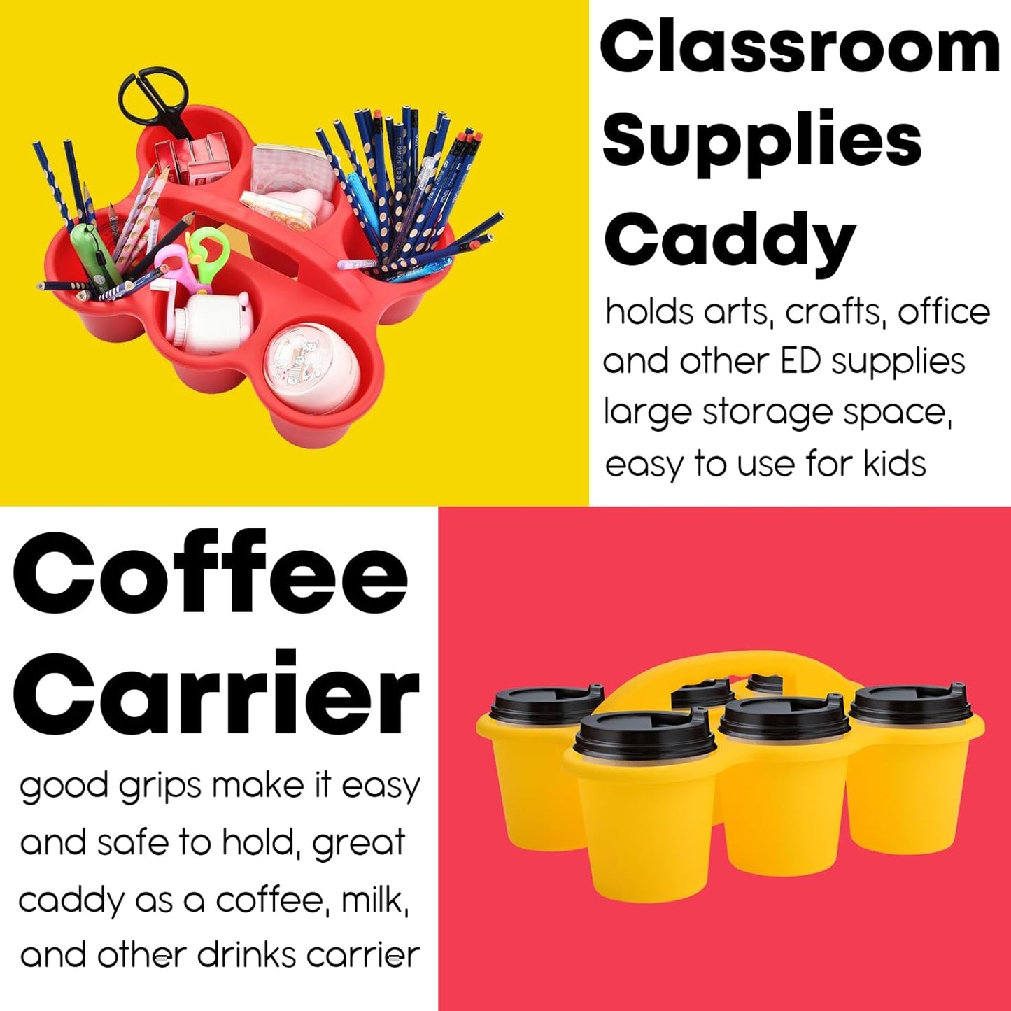 ALINK 6 Pack Classroom Caddy Storage Basket with Handle, Plastic Drink Cup Caddy Holder, 6 Compartments for Kids, Table, Office, Arts, Crafts, Crayon, Marker, Pencil, School Supplies - Assorted Colors