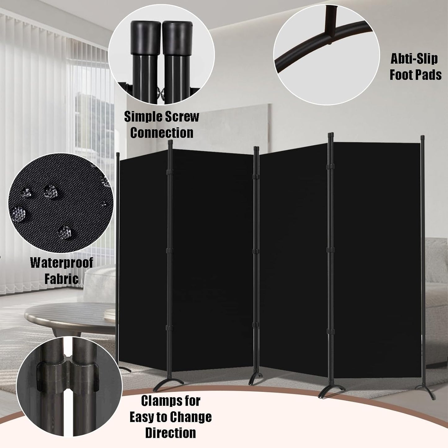 Room Divider 4 Pane 88''W Partition Room Dividers and Folding Privacy Screens Wall Divider for Room Separation, Freestanding Fabric Room Divider Panel