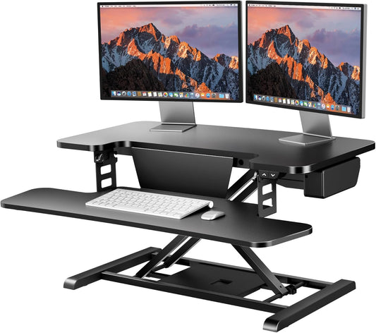 SANODESK 32" Electric Standing Desk Converter,Height Adjustable Riser for Office Home, Monitor and Laptop Workstation with Large Keyboard Tray,Black Color