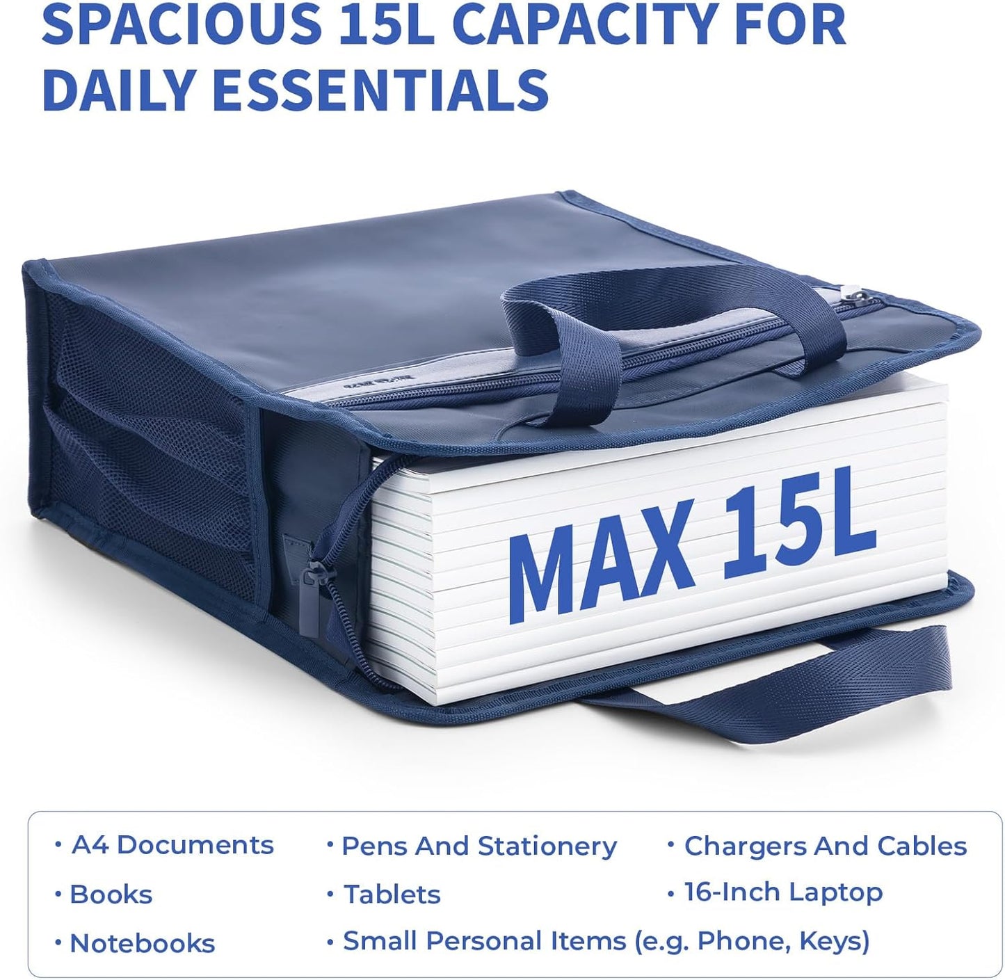 M&G Oxford Zipper Document Bag, Vertical Double Layer Waterproof Handle Document Tote Bag for Carrying Paper Documents Books Computer Water Cup1 Pack (Dark Blue)