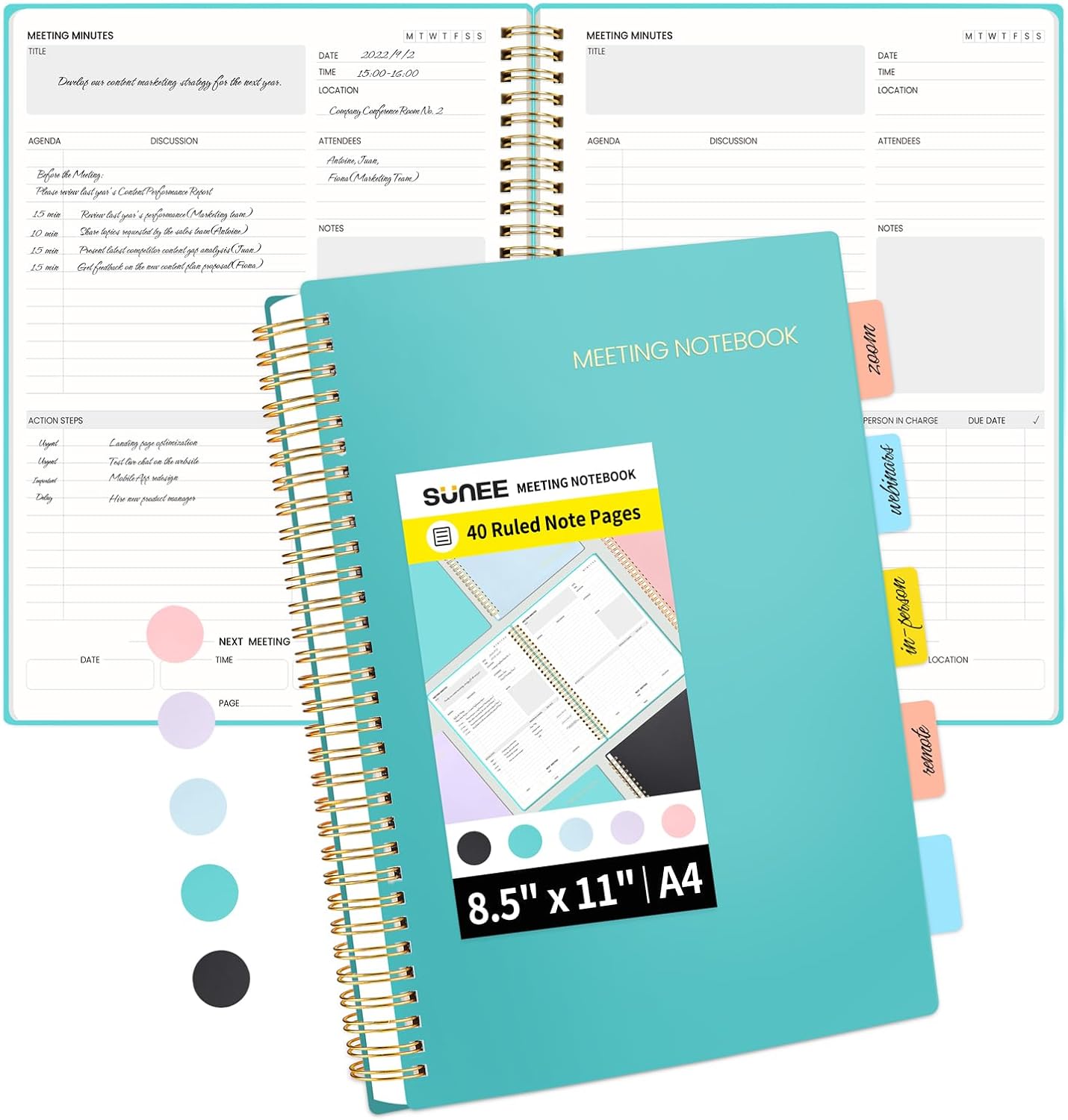 SUNEE Meeting Notebook for Work with Action Items - 160 Pages, A4 Size Project Planner, Spiral Meeting Agenda/Minutes Notebook Organizer for Women Men, Note Taking, Office & Business, 8.5"x11", Teal