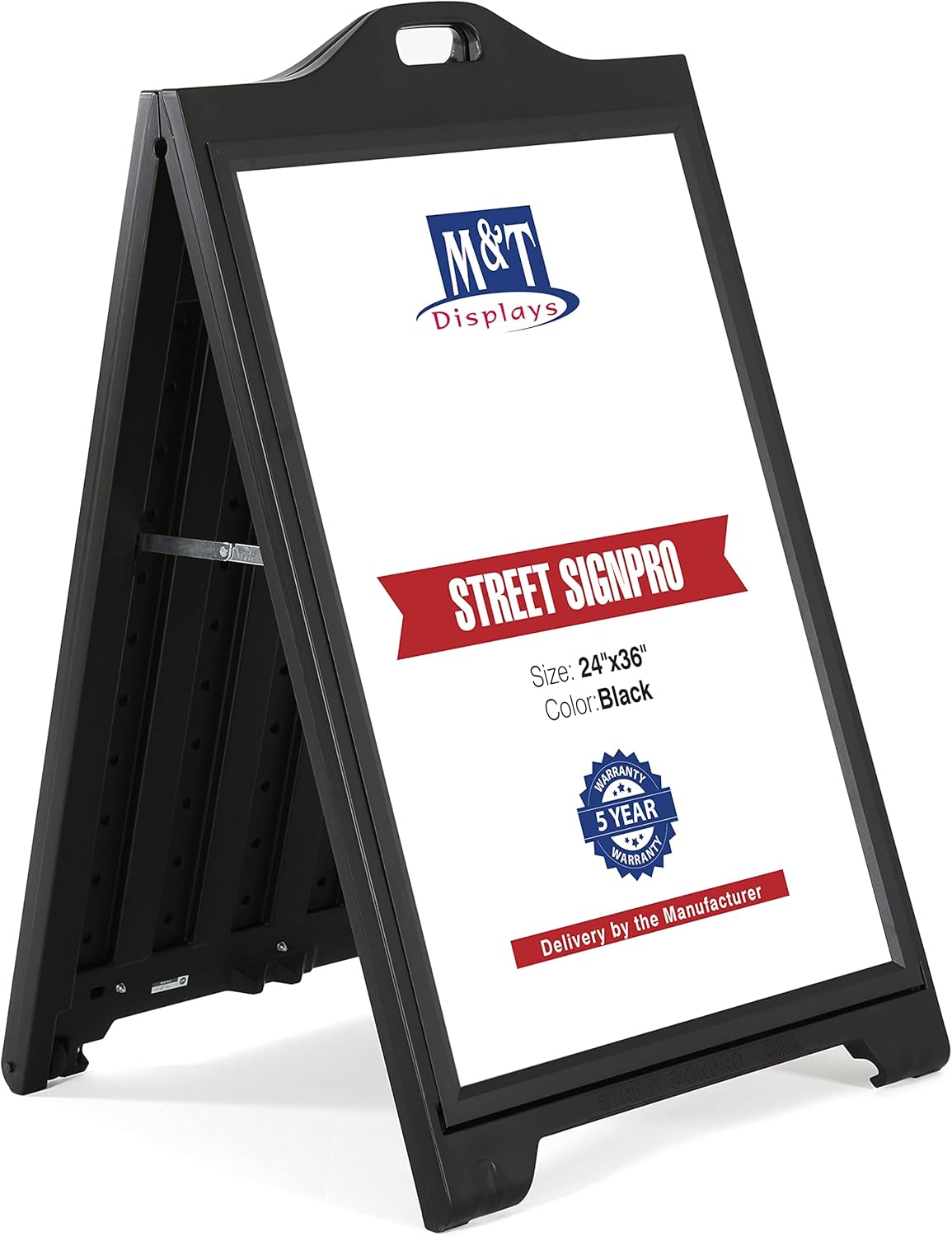 M&T Displays Street SignPro with Lens Protective Cover, 24x36 Inch Poster Black Double Sided Sandwich Board Folding A-Frame Sidewalk Curb Sign Portable Advertising Display for Restaurant Cafe