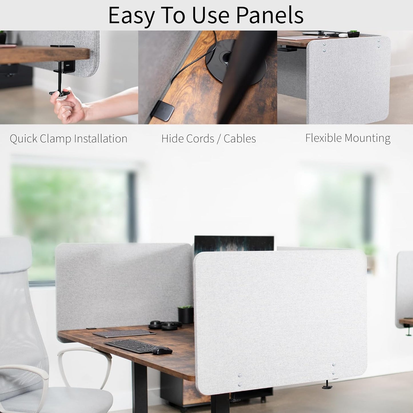 VIVO Clamp-on/Screw-on 71 x 24 inch Privacy Panel System, Sound Absorbing Cubicle Desk Divider, Acoustic Partition, 2 Panels, Gray, PP-2-V072G