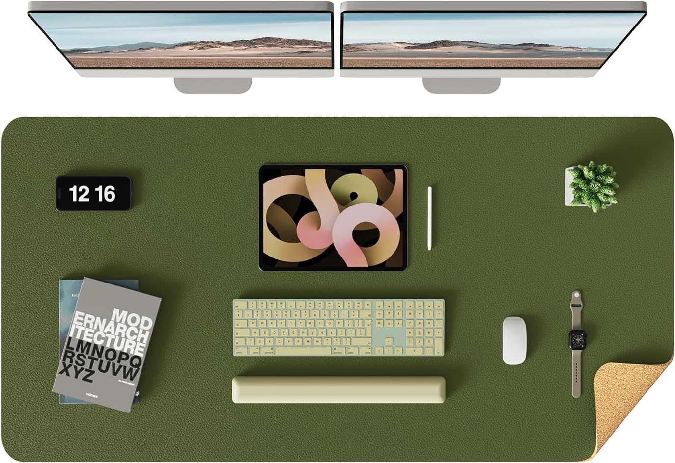 YSAGi Double-Sided Desk Pad, Leather Desk Mat, Eco Cork Desk Pad Protector,Large Mouse Pad,Waterproof Desk Blotter for Office/Home (Olive Green+Cork, 47.2" x 23.6")