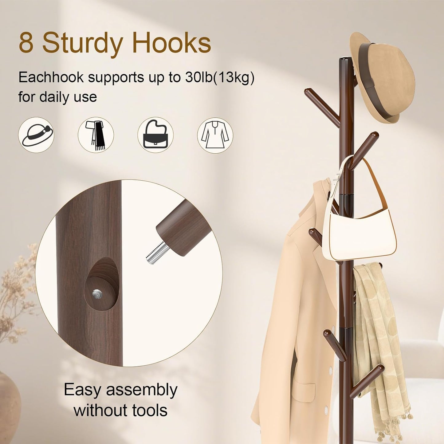 Coat Rack Freestanding with Stable Square Base, Entryway Furniture with 3 Adjustable Sizes and 8 Hooks, Used in Bedroom, Office and Hallway, Brown