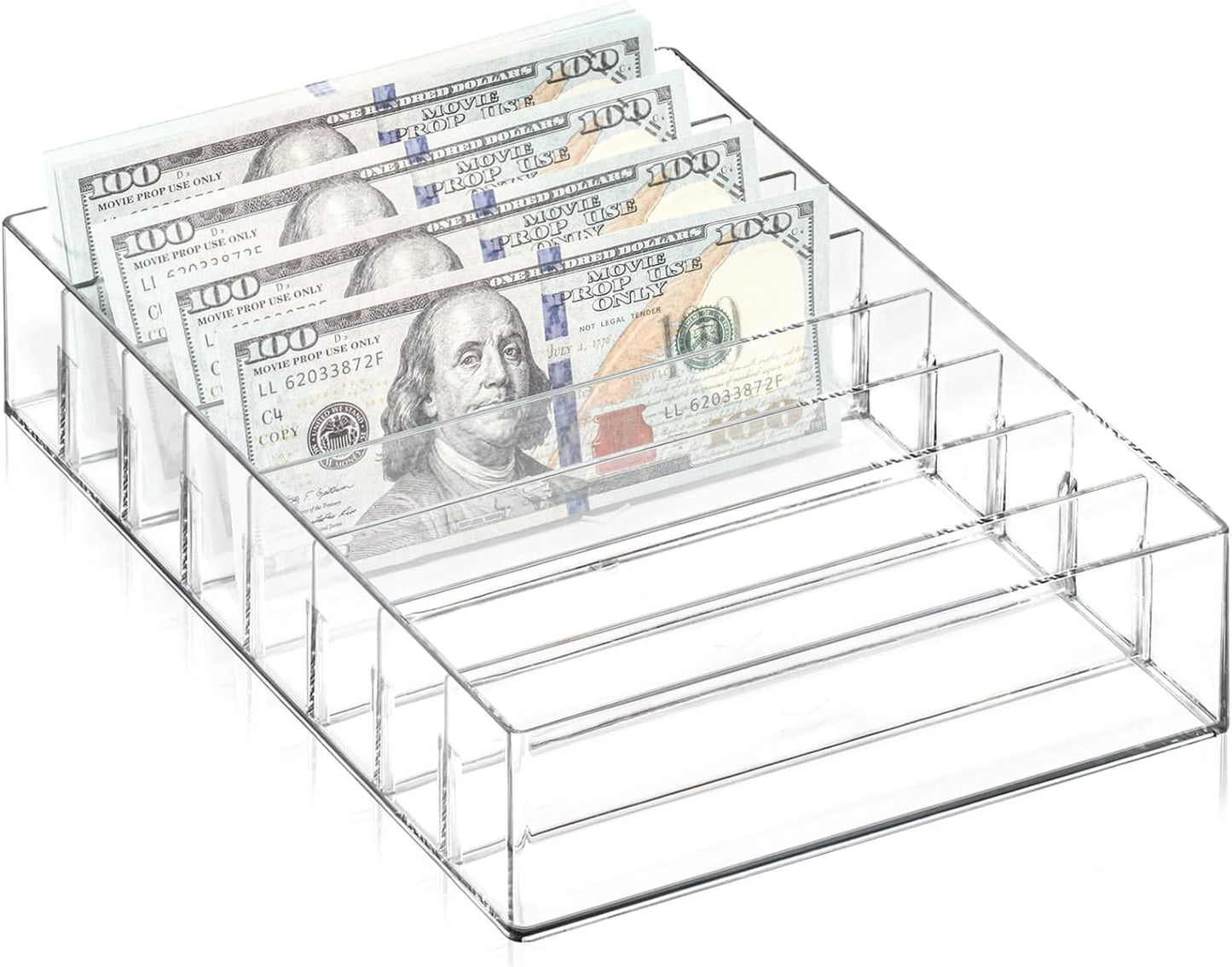 XUWAIDSGN Large Acrylic Cash Organizer 8 Section Clear Money Budget Tray Organizer Plastic Divider Bill Storage Holder for Cash Envelope (Clear)