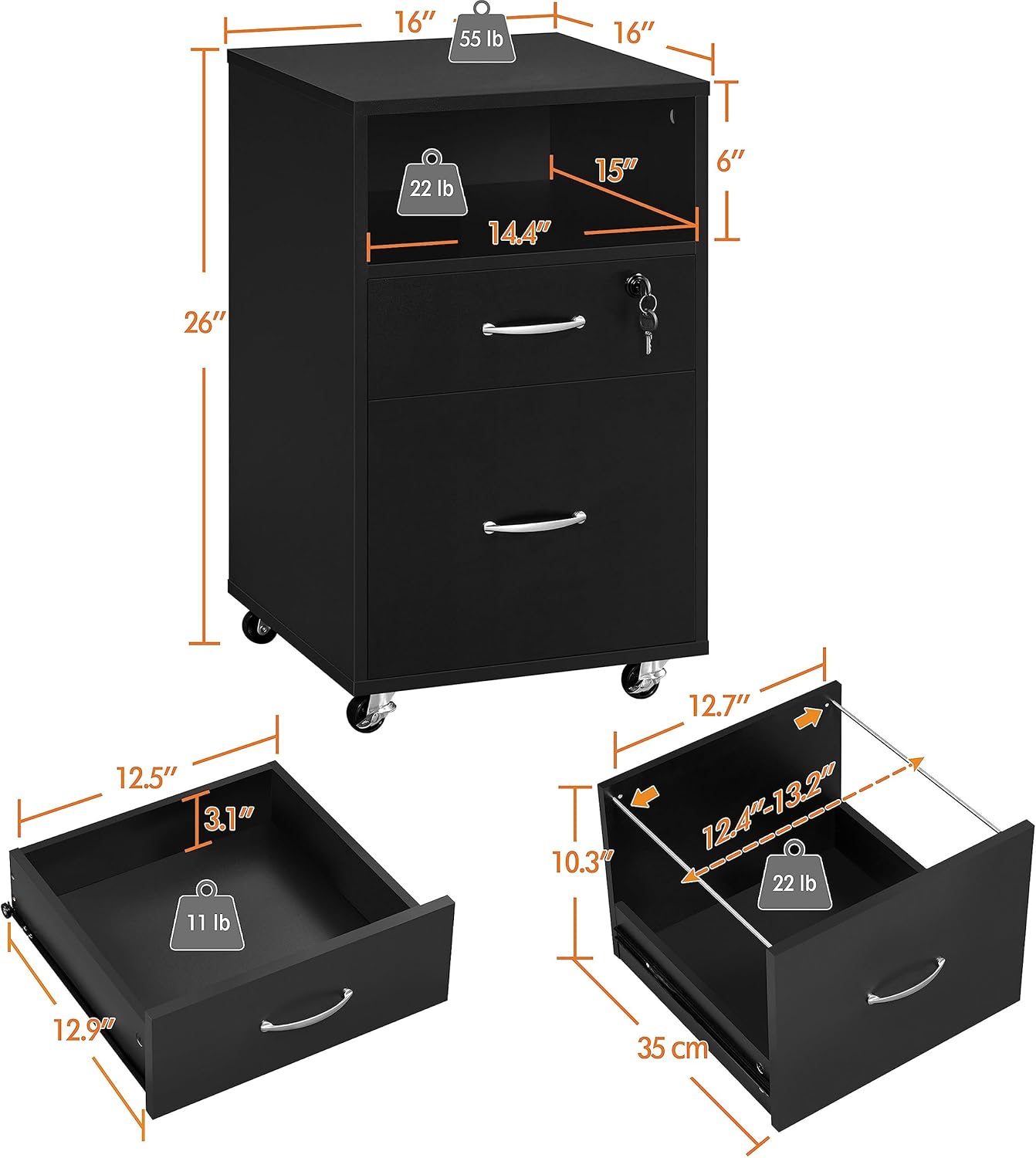 Yaheetech File Cabinet, Under Desk Vertical Cabinet with 2 Drawers and Open Compartment, Printer Stand with Lockable Wheels for A4 Letter Size Hangable File Folders for Home Office(Black)