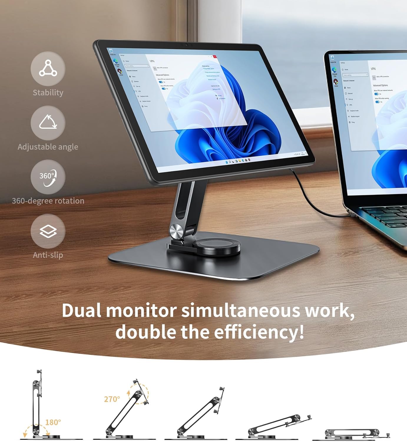 13-17.3" Monitor Stand with 360° Swivel Base, 75mm VESA Single-Arm Mount w/ M4 Screws for Portable Monitor, Adjustable Angle & Tilt & Rotation - Touchscreen Desktop Display Stand (Black)