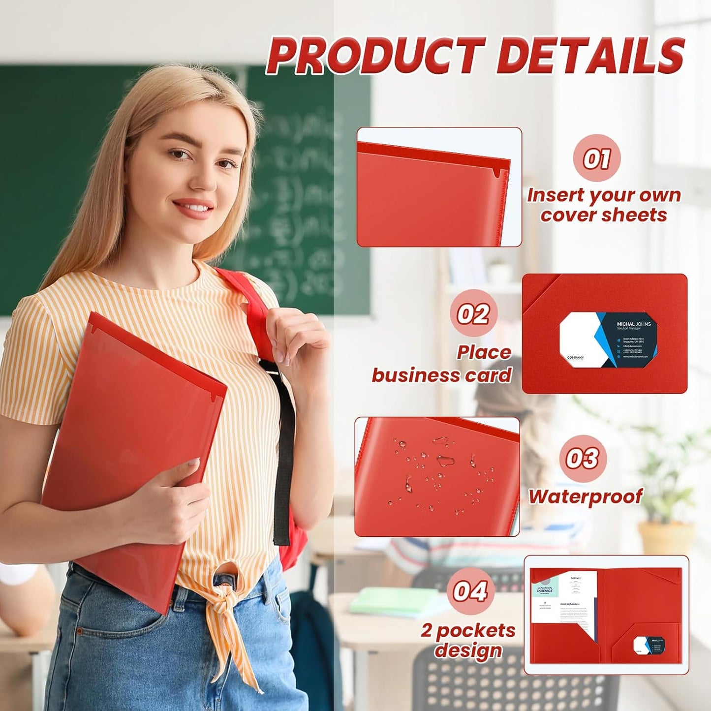 Henoyso 200 Pcs Plastic Folders with Clear Front Pockets Bulk Heavy Duty File Folders with 2 Pockets and Card Slot for Student Teacher Back to School Supplies Office Presentation (Red)